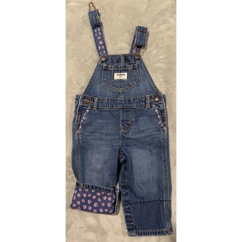 Y2K OshKosh B'gosh Vestbak Baby Girls 9M Blue Denim Overalls Floral Trim Spring